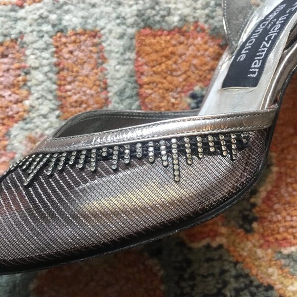 STUART WEITZMAN Vintage Silver Leather Crystals Mesh Slingback Pumps Heels 7N - Picture 14 of 16